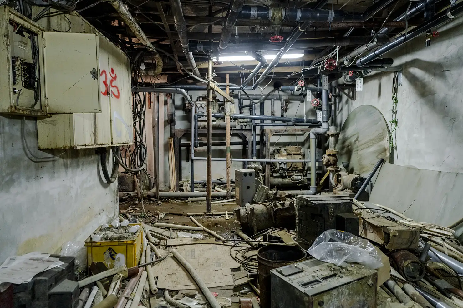 地下一階で廃墟のようになっていたこの部屋は、ダンスホールからディスコ時代まで厨房として使われていたという。部屋の用途が変わるたびに配線や配管が増設され、次第に使われなくなり、というワイルドなエコサイクルが見てとれる