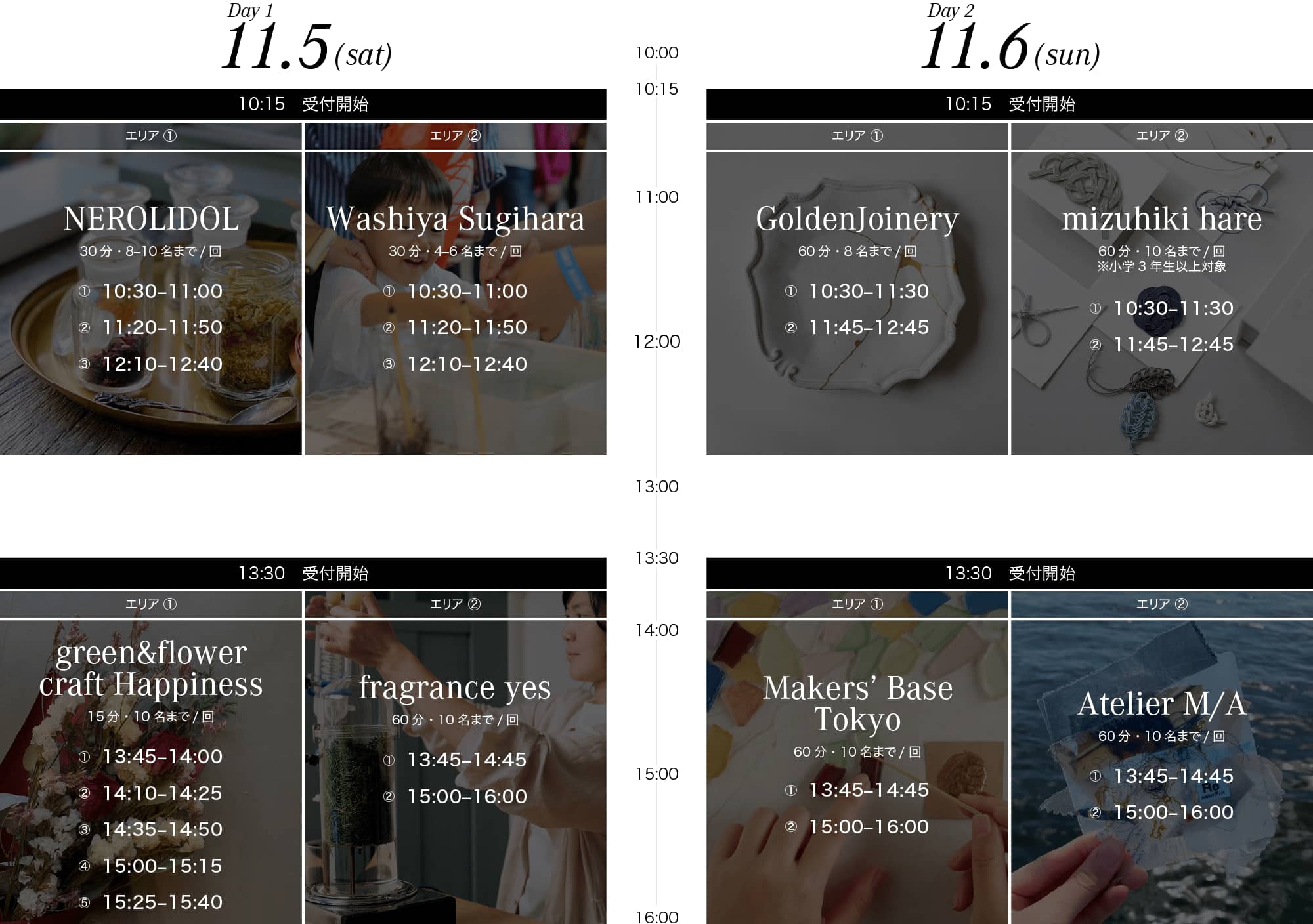 「Day1 11.5 (sat) エリア① 10:15 受付開始【NEROLIDOL 30分・8〜10名まで/回 ①10:30〜11:00 ②11:20〜11:50 ③12:10〜12:40】 13:30 受付開始【green & flower craft Happiness 15分・10名まで/回 ①13:45〜14:00 ②14:10〜14:25 ③14:35〜14:50 ④15:00〜15:15 ⑤15:25〜15:40】 エリア② 10:15 受付開始【Washiya Sugihara 30分・4〜6名まで/回 ①10:30〜11:00 ②11:20~11:50 ③12:10〜12:40】 13:30 受付開始【fragrance yes 60分・10名まで/回 ①13:45〜14:45 ②15:00〜16:00】」 「Day2 11.6 (sun) エリア① 10:15 受付開始 【GoldenJoinery 60分・8名まで/回 ①10:30〜11:30 ②11:45〜12:45】 13:30 受付開始【Makers' Base Tokyo 60分・10名まで/回 ①13:45〜14:45 ②15:00〜16:00】 エリア② 10:15 受付開始【mizuhiki hare 60分・10名まで/回 ※小学3年生以上対象 ①10:30〜11:30 ②11:45〜12:45】 13:30 受付開始【Atelier M/A 60分・10名まで/回 ①13:45〜14:45 ②15:00〜16:00】」