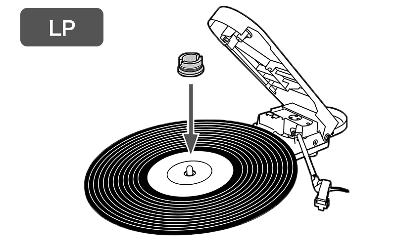 LPレコード：45RPMアダプターをレコードの上に