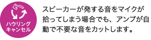 ハウリングキャンセル／スピーカーが発する音をマイクが拾ってしまう場合でも、アンプが自動で不要な音をカットします。